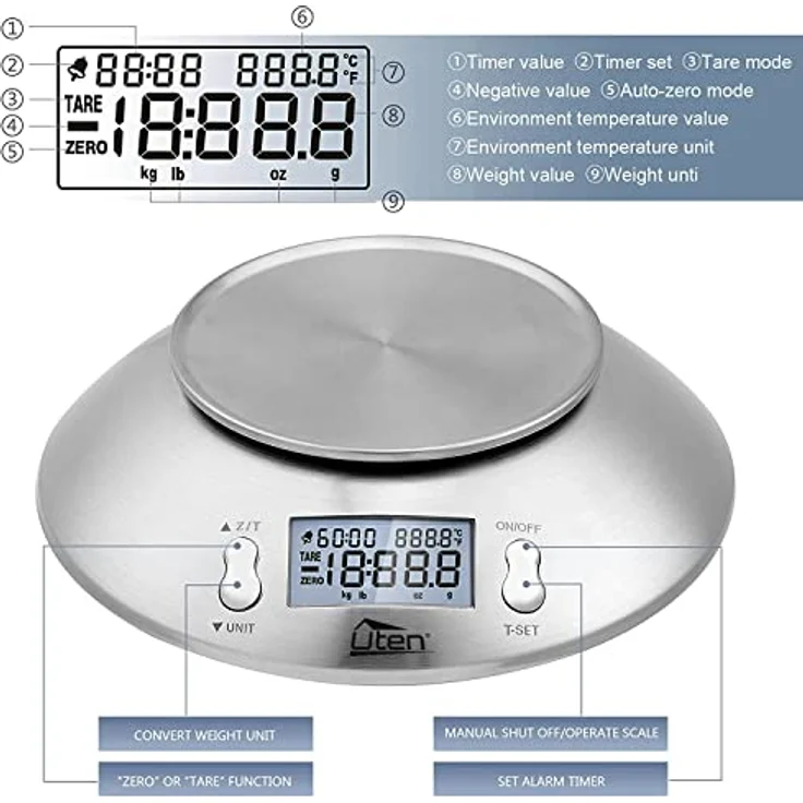 Uten Küchenwaage Digitalwaage Professionelle Waage Electronische Waage, Digitale Küchenwaage 5kg x 1g aus 304 Edelstahl Tara-Funktion mit LCD-Display Schale und Timer – Bild 2
