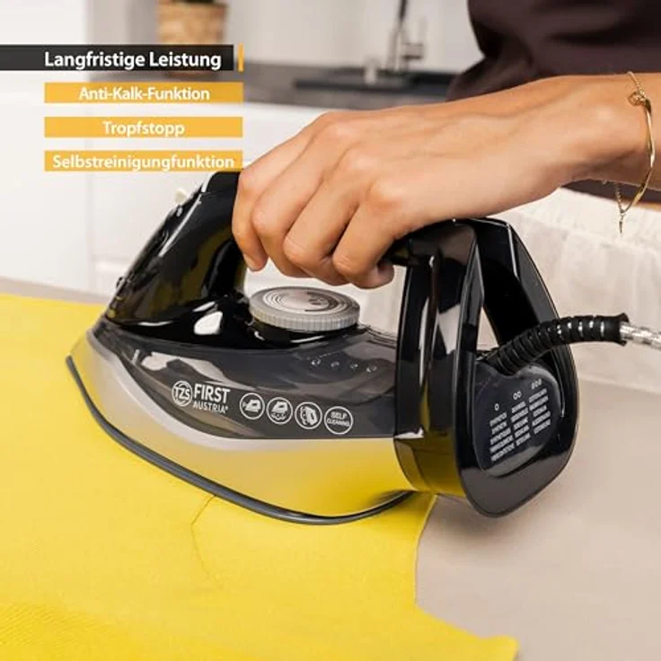 TZS First Austria Dampfbügeleisen I 2290-2720W I Keramiksohle I Selbstreinigung I Vertikaldampf I Anti-Kalk I Trockenbügeln I 0,3l Wassertank I 1.2 kg | Schwarz – Bild 3