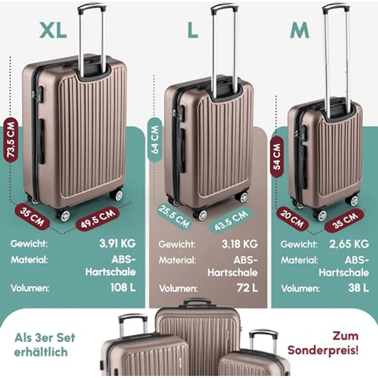 Easy Move ABS Hartschalenkoffer [ERGONOMISCH & SICHER] - Großer Trolley Koffer mit 360° Rädern, Zahlen Schloss - Metallic-Farbe - Luggage – Bild 5