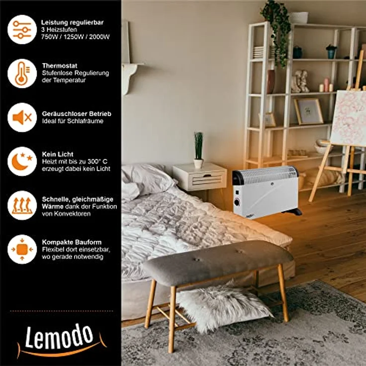 LEMODO Elektroheizung | Mobile Konvektor Heizung | Elektrische Heizung mit 3 Leistungsstufen (750W / 1.250W / 2.000W) | Heizgerät ohne Gas und ohne Öl | Energiesparender Elektroheizkörper – Bild 5