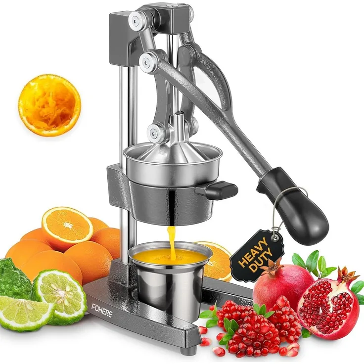 FOHERE Obstpresse, Manuelle Zitruspresse aus Gusseisen mit ergonomischem Gummigriff und rutschfesten Füßen, inkl. 400 ml Edelstahlbecher
