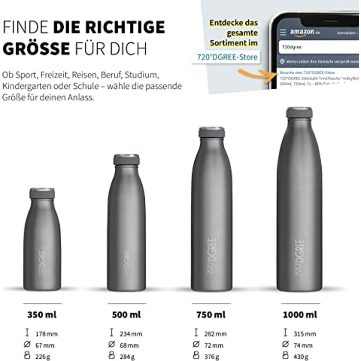 Trinkflasche Isolierflasche Edelstahl 350ml Doppelwandig 720°DGREE milkyBottle stone gray – Bild 3