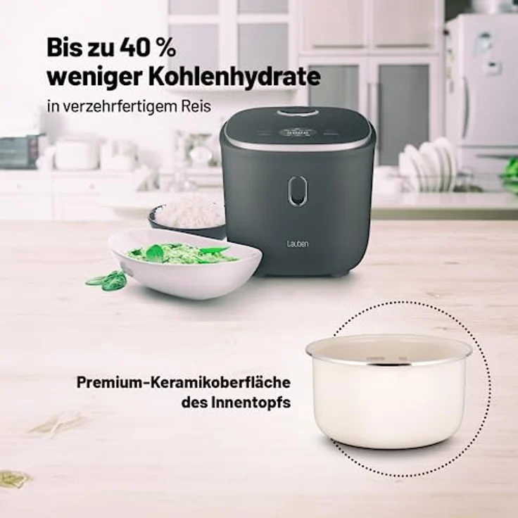 Lauben Low Sugar Reiskocher Rice Cooker 3000 mit Low-Sugar-Funktion, 3l Volumen, 6 modi, verzögerter Start, Warmhalten, Antihaft-Keramikoberfläche spülmaschinengeeignet, Kochbuch, Überlaufschutz (Antracit) – Bild 2