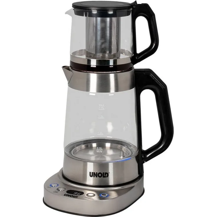 Unold Samowar Selin, 2in1 Wasser-/Teekocher mit 1,7 L Volumen, stufenweise Temperatureinstellung 92–100 °C, Edelstahl und Borosilikatglas