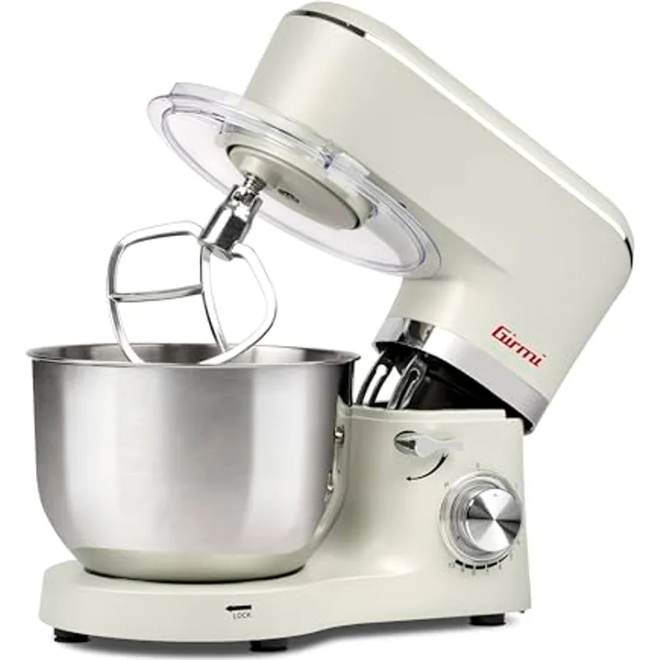 Girmi IM47 Knetmaschine, 1500 W Max, 6 Liter, Pulse, 10 Geschwindigkeiten, Behälter aus Edelstahl, Zubehör inklusive, Sahne