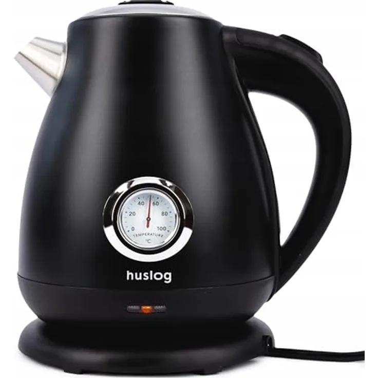 huslog Elektrischer Wasserkocher mit Thermometer Retro, 1,7 L, 2200 Watt, schwarz