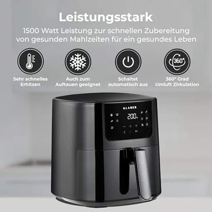 KLAMER Heißluftfritteuse 5l XL, Ölfreier 1500W Airfryer mit LED-Touchscreen und deutschem Rezeptbuch, spülmaschinenfester Korb - Weiß – Bild 3