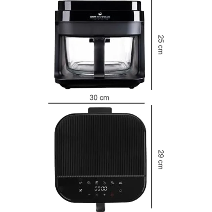 KeMar Kitchenware KHF-550 Heißluftfritteuse, 1200 W, 5,5 L Borosilikatglasbehälter, Edelstahl-Einsatz, Touch Display, 7 Programme, ohne Beschichtung – Bild 3