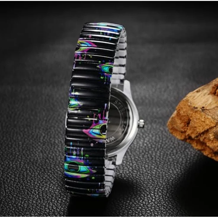 JewelryWe Damenuhr Halloween Teufelaugen, Elastische Quarz-Armbanduhr mit Edelstahl Stretcharmband und Großem Ziffernblatt, Ideal für Senioren und Halloween-Fans – Bild 5