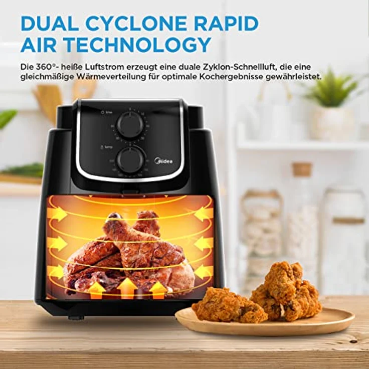 Midea MF-TN40D2 Airfryer XL, Heißluftfritteuse 4L,Dual Cyclone Technology, 90% Weniger Fett Heissluftfriteuse 1500W, 60min Timer, 200℃ Temperaturkontrolle, Automatischer Ausschaltfunktion,Schwarz – Bild 2
