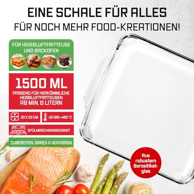 GOURMETmaxx Auflaufform für Heißluftfritteuse & Ofen, 1500 ml Borosilikatglas, rechteckig, temperaturbeständig von -20 bis +460 °C, inkl. 2 Griffe, spülmaschinengeeignet – Bild 3