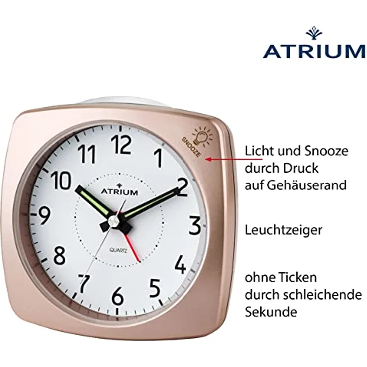 Atrium Wecker Analog Quarz A251-17, geräuschloser Quarzwecker mit Snooze und Beleuchtung, rosé metallic – Bild 2
