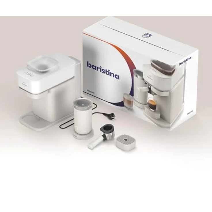 PHILIPS Baristina Espressomaschine und Milchaufschäumer Paket. Real Espresso- made simple. Naturweiß mit naturweißem Siebträger- 16-bar-Pumpendruck- automatisches Mahlwerk- Cafe Crema (BAR303/00) – Bild 5