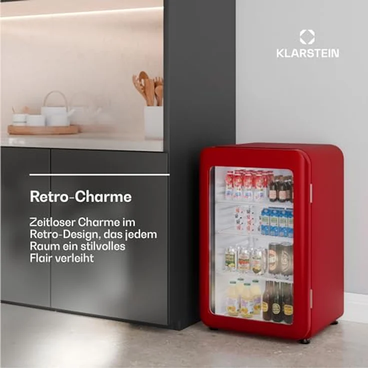 Klarstein Audrey Evo Getränkekühlschrank, 113 L, Retro-Design, doppelt verglaste Tür, 0-10 °C, Energieeffizienz C, LED-Beleuchtung, verstellbare Füße, Rot – Bild 3