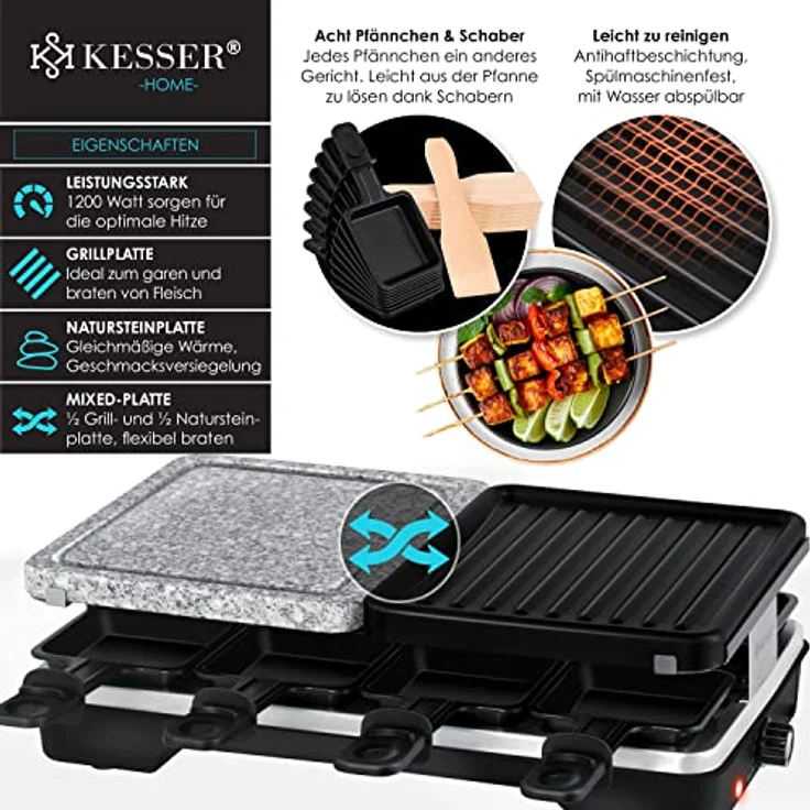 KESSER® Raclette-Grill mit Naturgrillstein und Grillplatte, Tischgrill für 8 Personen, Elektrogrill mit 1200W, antihaftbeschichtet, inklusive 8 Pfannen und Holzspatel – Bild 2