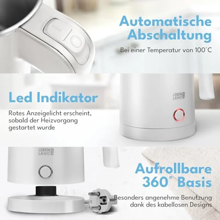 Lebenlang Reise-Wasserkocher 0,5L, Edelstahlgehäuse, 600W, BPA-frei, kompakt in Schwarz & Weiß, mit automatischer Abschaltung – Bild 5