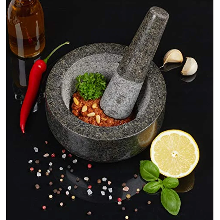 Relaxdays Granit Mörser mit Stößel, robust & langlebig, Gewürze, Kräuter, polierter Steinmörser, Ø 16 cm, 400 ml, grau – Bild 3