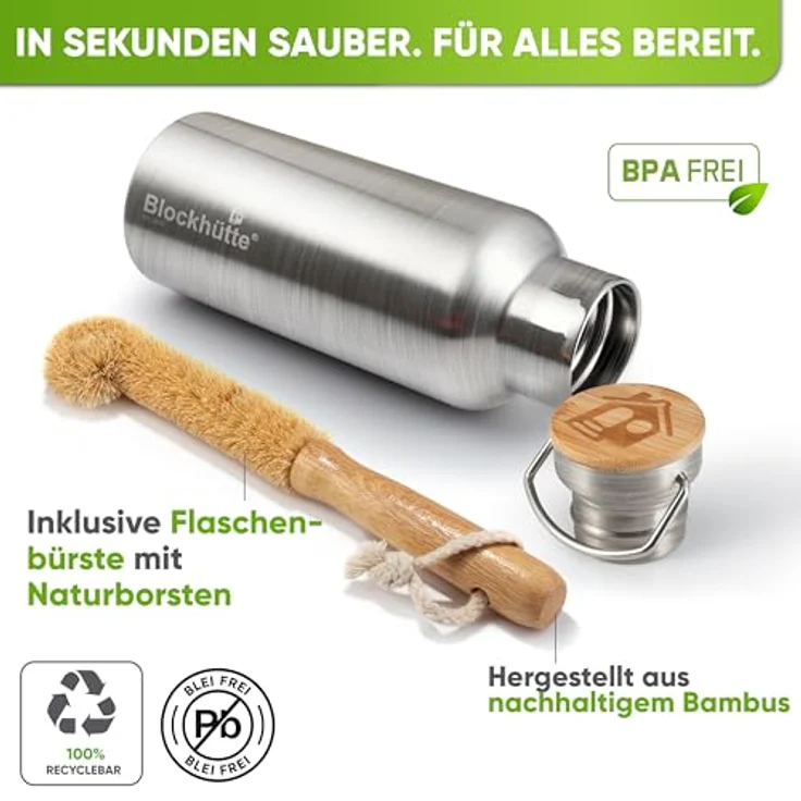 Blockhütte Premium Edelstahl Trinkflasche isoliert, 1L, auslaufsicher, spülmaschinenfest, mit Naturborsten Bürste, BPA-frei – Bild 5