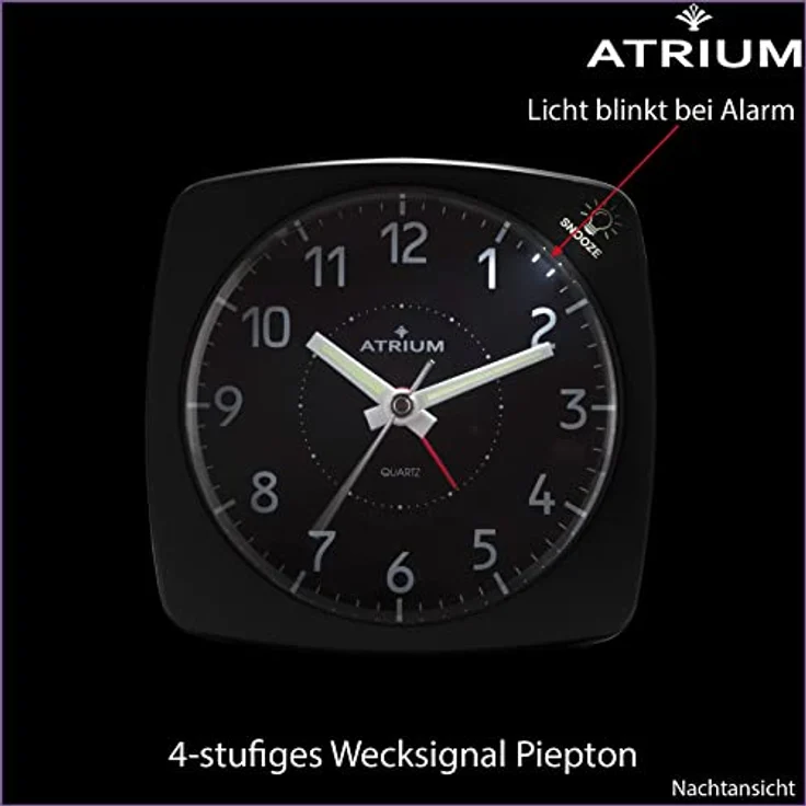 Atrium A251-7, Analog Quarz Wecker ohne Ticken, mit Licht und Snooze, Schwarz Metallic, 8,5 x 8,5 x 4 cm – Bild 5