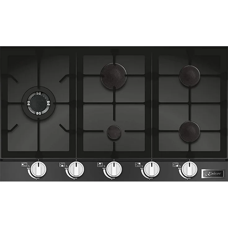 Kaiser Küchengeräte KCG 9387 Turbo, Glaskeramik Gaskochfeld 86 cm mit 5 Brennern und 3,8 kW WOK-Brenner, Edelstahl