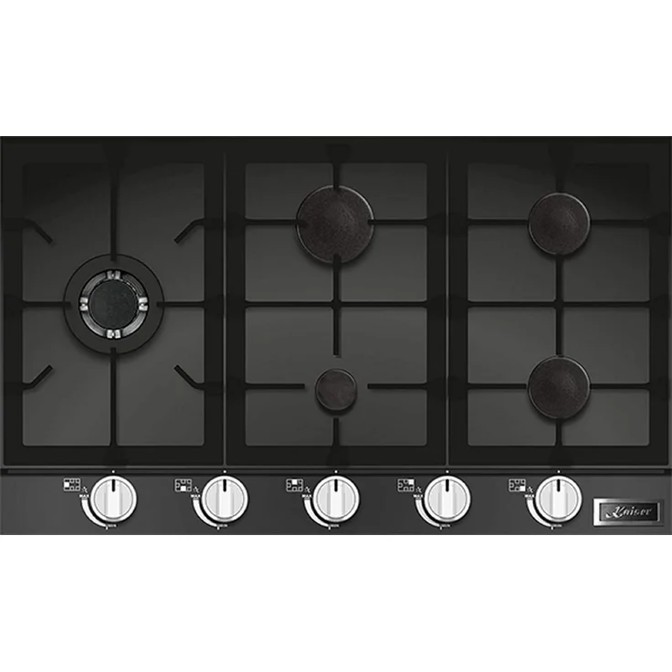 Kaiser Küchengeräte KCG 9387 Turbo, Glaskeramik Gaskochfeld 86 cm mit 5 Brennern und 3,8 kW WOK-Brenner, Edelstahl