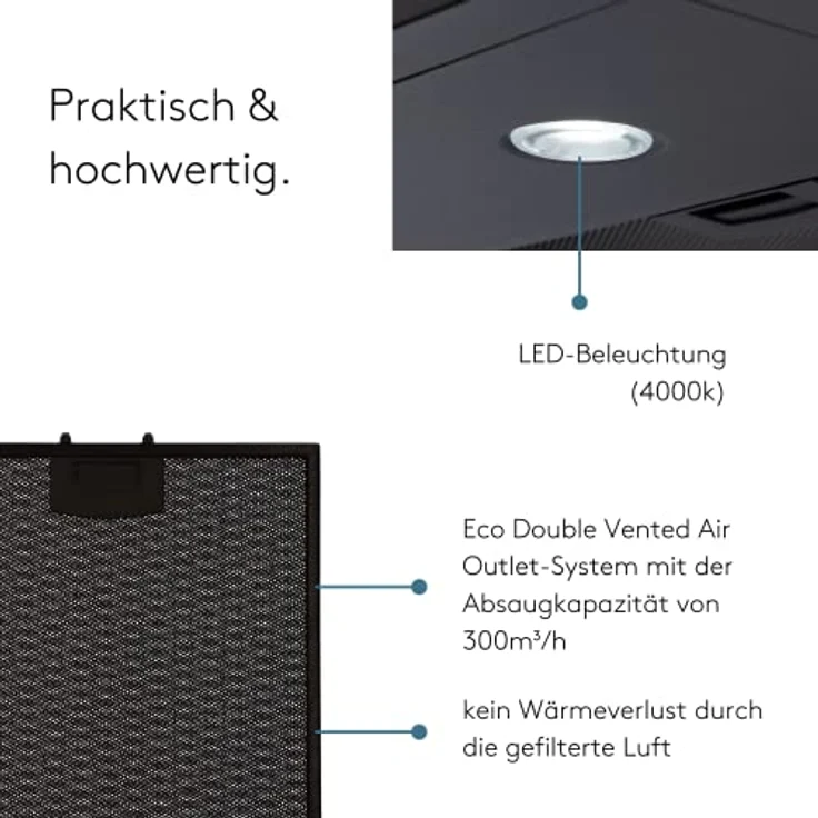 Wiggo Dunstabzugshaube 60cm I Wandhaube für Abluft oder Umluft Dunstabzug 300m³/h mit LED-Beleuchtung & 3 Leistungsstufen I Wandhaube inkl. Fettfilter & 2x Kohlefilter I Abzugshaube Schwarz – Bild 3