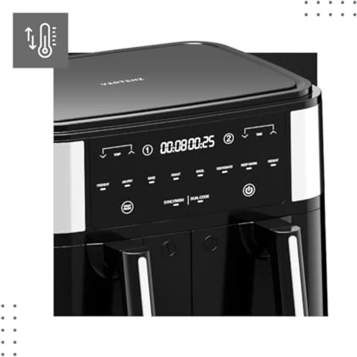 VERTENZ Taste 90 Heißluftfritteuse Airfryer 9L mit Dual Cook und Sync Finish | 8 Automatische Menüs | 2600 W | Antihaft-Frittierkorb | Fettfrei Ohne Öl | 200°C | Schwarz – Bild 3