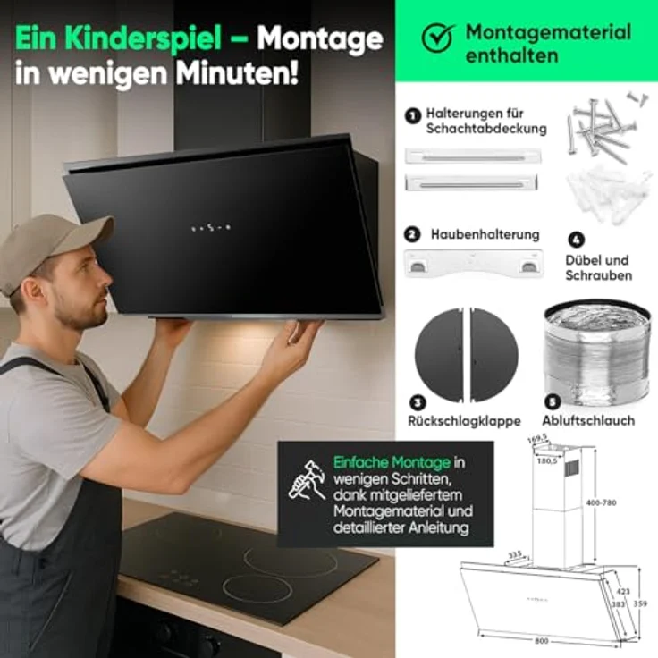 Bomann® Dunstabzugshaube DU 7612, 80 cm breite Kopffreihaube, Umluft- und Abluftbetrieb, 520 m³/h, inklusive Montage-Material, schwarze Oberfläche, 3 Leistungsstufen – Bild 4