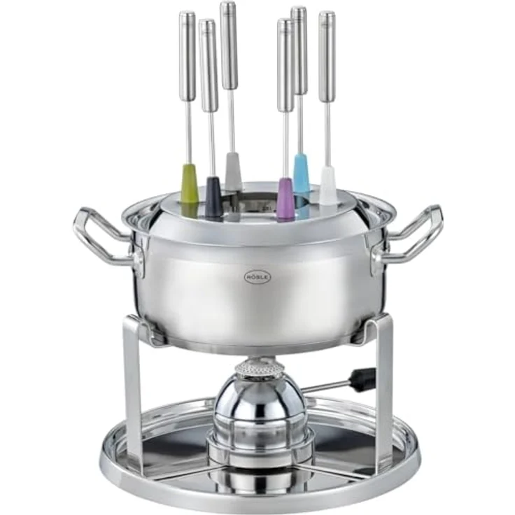 RÖSLE Fondue-Set für 6 Personen, Edelstahl 20 cm Fondue-Topf mit Glasdeckel, 1000W Gasbrenner, klappbares Rechaud & Zubehör für Käse- und Schokofondue – Bild 1