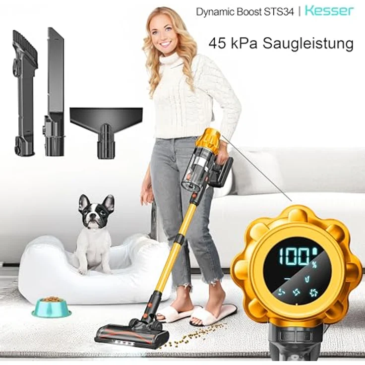 KESSER® Akku Staubsauger STS34, kabellos mit bis zu 70 Min. Laufzeit, HEPA-Filter, LED-Display und Anti-Tangle-Bodenbürste für Hartböden und Teppiche – Bild 2