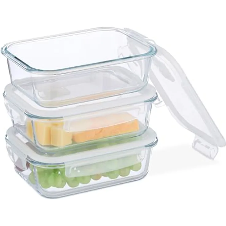 Frischhaltedosen Set von 3, 1040 ml, luftdicht, aus Glas mit PP-Kunststoffdeckeln, transparent