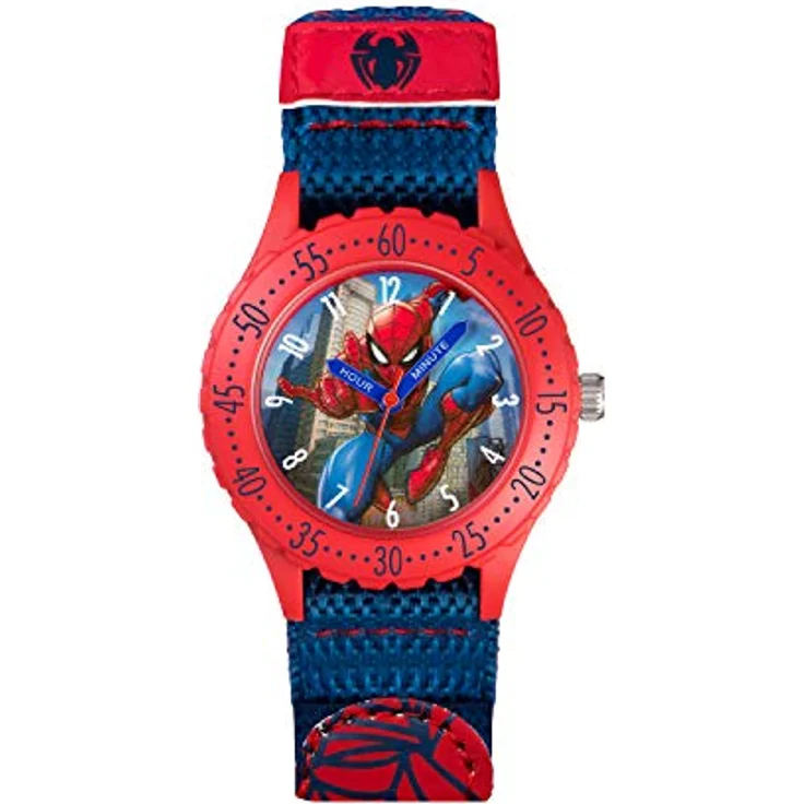 SPIDER-MAN Spiderman Kinder Analog Quarz Uhr SPD3495, Zifferblatt mit Spiderman-Motiv, weiches Segeltuchband mit Klettverschluss, 1 Jahr Garantie – Bild 1