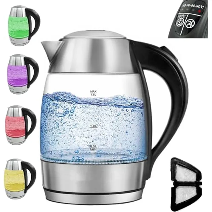 Wasserkocher LED Glas mit Temperatureinstellung Premium, Edelstahl, 2200W -Mit Farbspiel und Warmhaltefunktion, 1.8L Volumen -Mit Sichtfenster, Automatische Abschaltung, 60,70,80,90,100°C