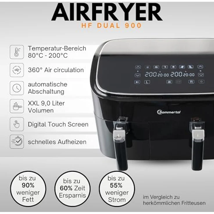 Sommertal Heißluftfritteuse HF DUAL 900, 9 Liter XXL Airfryer & Dörrgerät mit Doppelkammer, 2850W, Digitales Touch Display, 3D Umluftsystem, Vorheizen, Synchronisierungsfunktion – Bild 2