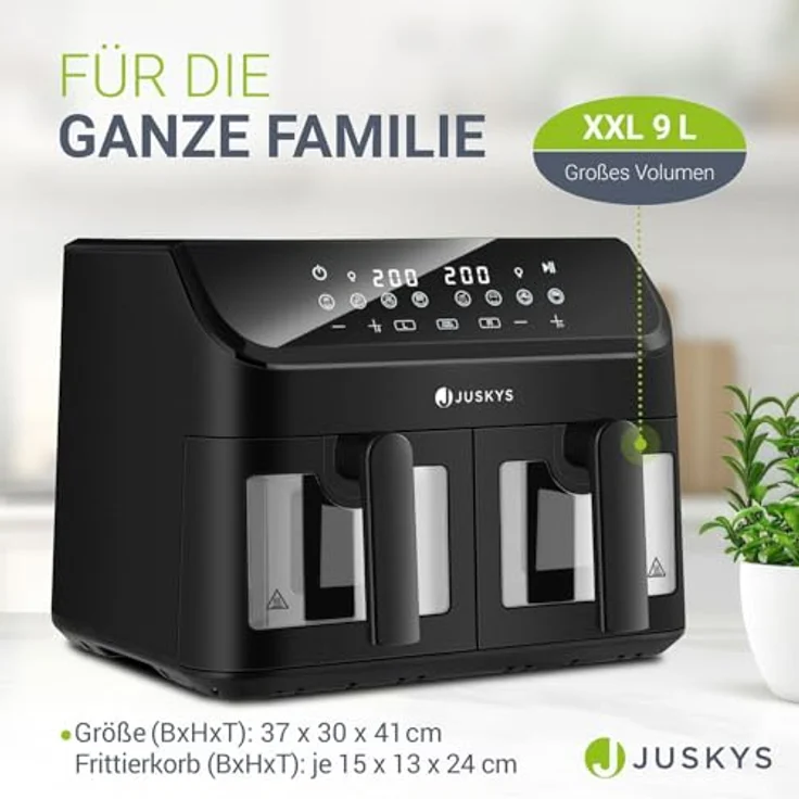 Juskys Heißluftfritteuse 9 L Doppelkammer - XXL Fritteuse mit 2 Körben, 9 Programme, Smart Finish, teflonbeschichtet - weiß – Bild 4