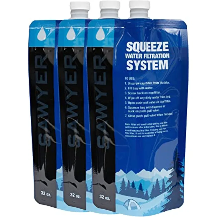 Sawyer 1 Liter Squeezable-Beutel, faltbarer Trinkbeutel im 3er Set für Sawyer Squeeze Wasserfilter
