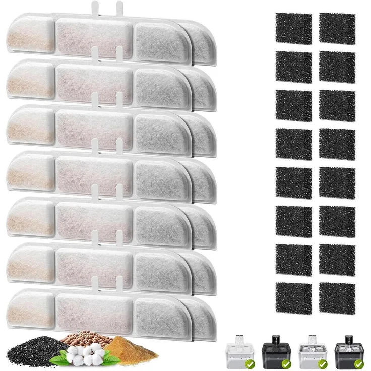 Katzenbrunnen Filter Set 32 Stück, 16x Vliesstoff Kohlefilter & 16x Schaumfilter für 2,5L Trinkbrunnen, langlebige Filtration für sauberes Wasser