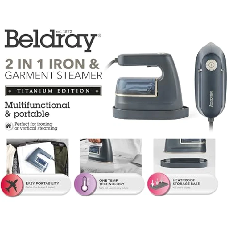 Beldray BEL01610VDE 2 in 1 Bügeleisen & Dampfglätter, Mini-Reisedampfbügeleisen mit hitzebeständiger Aufbewahrungsbasis, keramikbeschichteter Sohle, 100 ml Wassertank, 1200W – Bild 3