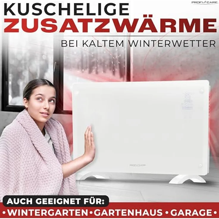 ProfiCare® Elektroheizung mit Glasfront & X-Shape Heizelement | mobiler Heizkörper auch für Wandmontage geeignet | Konvektor Heizung mit 2 Heizstufen | lautloses Heizen - 0dB | PC-GKH 3119 weiß – Bild 5
