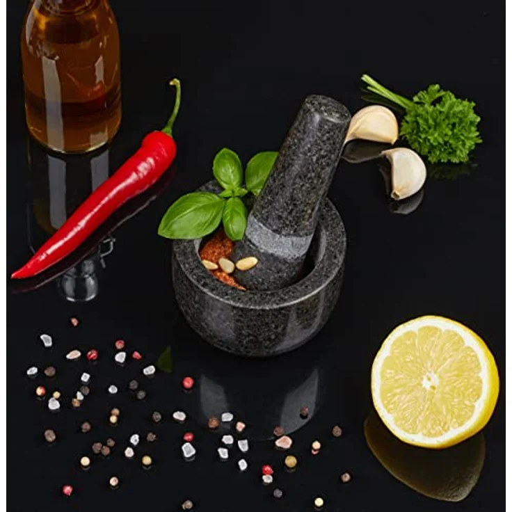 relaxdays Mörser Granit Mörser mit Stößel klein, aromatisches Zerkleinern von Gewürzen, robustes Naturmaterial, Grau – Bild 3