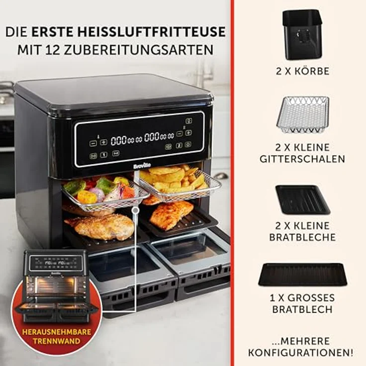 Breville Heißluftfritteuse Halo Flexi | Digitale Doppelkammer-Heißluftfritteuse | 11 l Air Fryer: Für mehr als 10 Personen | 2400 W [VDF130X] – Bild 2