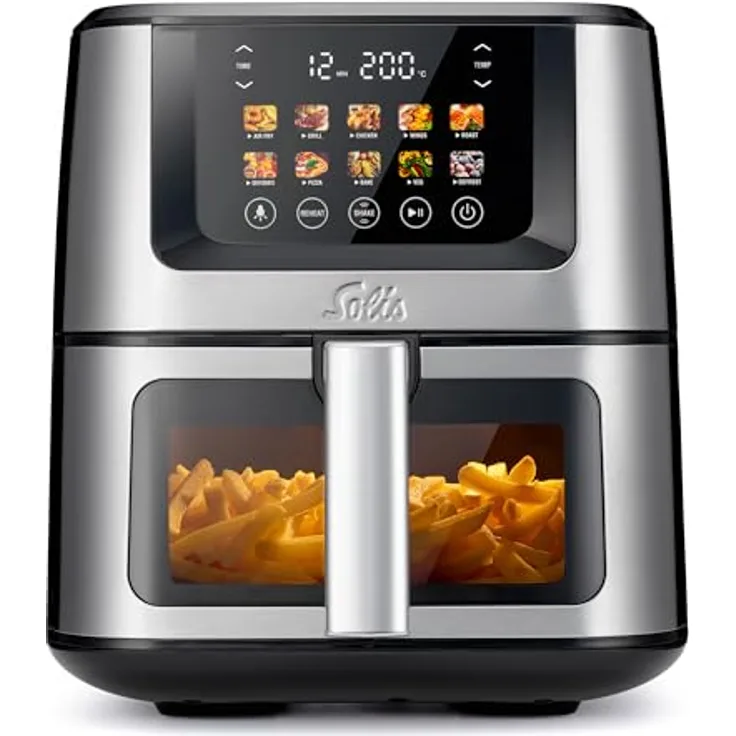 Solis Air Fry & Dry Heißluftfritteuse – 7,5L XXL Fritteuse ohne Öl – 10 Programme: Frittieren, Dörren, Backen & Grillen – 3D Heißluftzirkulation – Farb-Touch-Display – 1870W – Einfache Reinigung