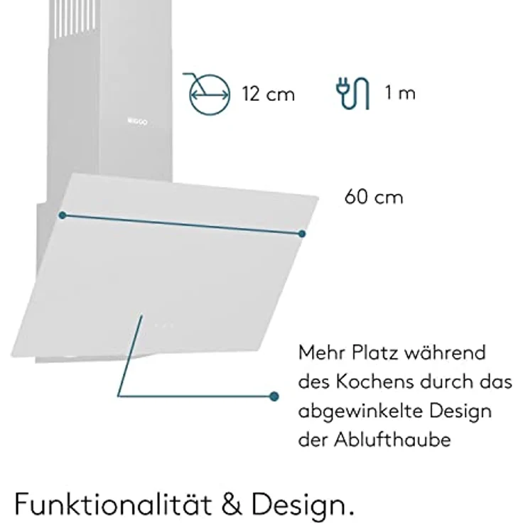 Wiggo Dunstabzugshaube 60cm kopffrei I Abluft Umluft Dunstabzug 650m³/h - Touch-Display 4 Stufen I Energieeffizienzklasse A Schräghaube inkl. Fettfilter & 2x Kohlefilter I Abzugshaube Glasfront weiß – Bild 5