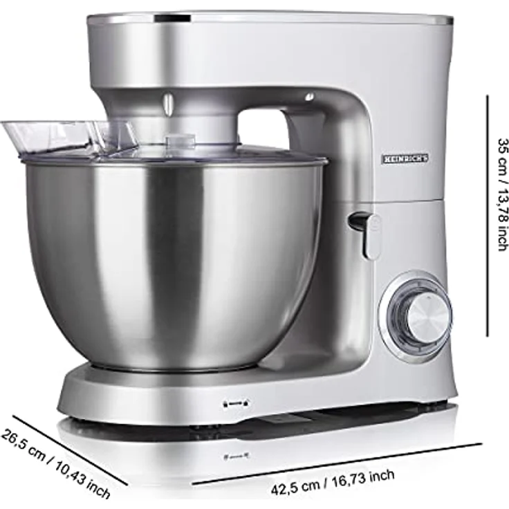 HEINRICHS Küchenmaschine Knetmaschine Teigmaschine Rührmaschine 1500W Küchengerät Rührbesen Knethaken Schneebesen 6 einstellbare Geschwindigkeiten XXL 8L Edelstahlschüssel geräuscharm ((Silber) – Bild 3