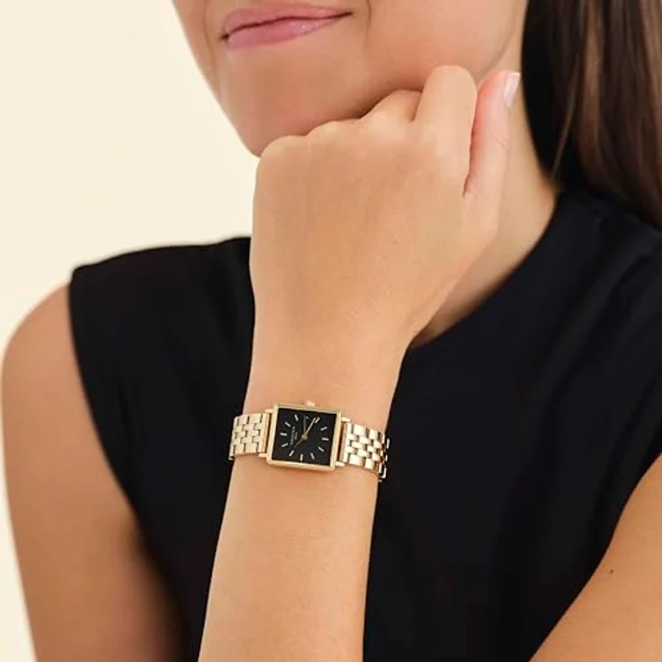 Rosefield The Boxy XS, Damenuhr mit quadratischem Gehäuse, schwarzem Zifferblatt und goldenem Edelstahlband, 22x24 mm, wasserdicht bis 3 ATM, austauschbare Uhrenbänder – Bild 5
