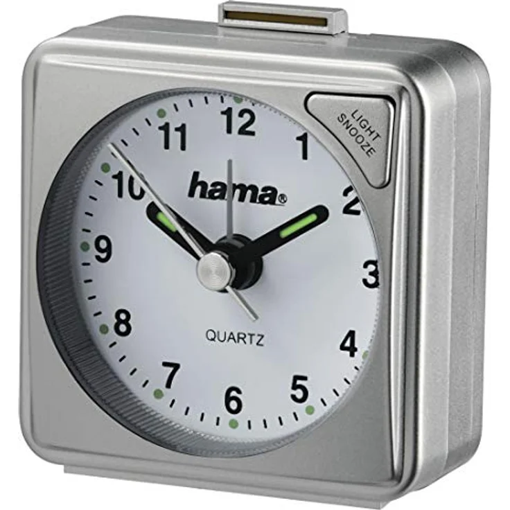 Hama A50, analoger Wecker inkl. Batterie, batteriebetriebener Reisewecker mit schnellem Alarm, Schlummerfunktion und fluoreszierenden Zeigern, Silber – Bild 1