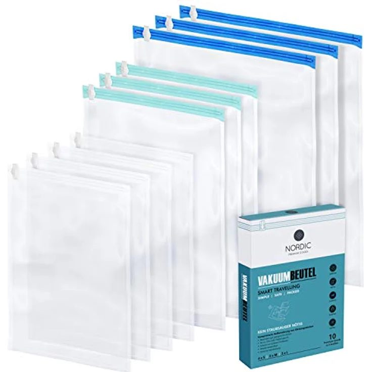 NORDIC® Vakuumbeutel für Kleidung Reise - 10 Stück (S + M + L) - BPA-frei, wiederverwendbare Kompressionsbeutel, Protects vor Feuchtigkeit und Gerüchen – Bild 1