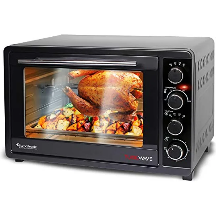 TurboTronic Minibackofen mit Umluft 45L schwarz 2000W, Drehspieß, Timer, Mini Backofen, Pizzaofen, 2 Backbleche, Grill