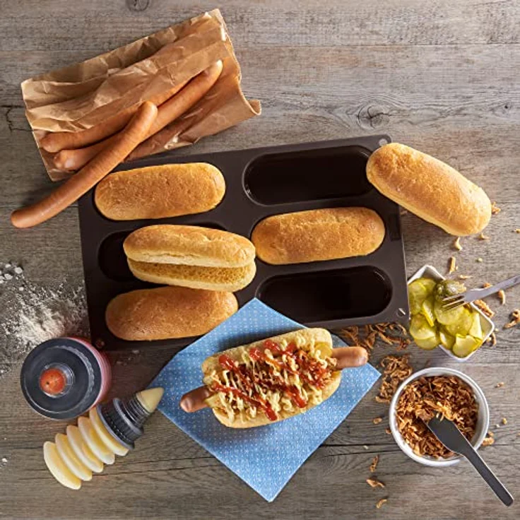 Lurch 85082 FlexiForm Hotdog Buns 6-Fach - Backform für 6 Hot Dog Brötchen aus 100% BPA-freiem Platin Silikon, Braun – Bild 7