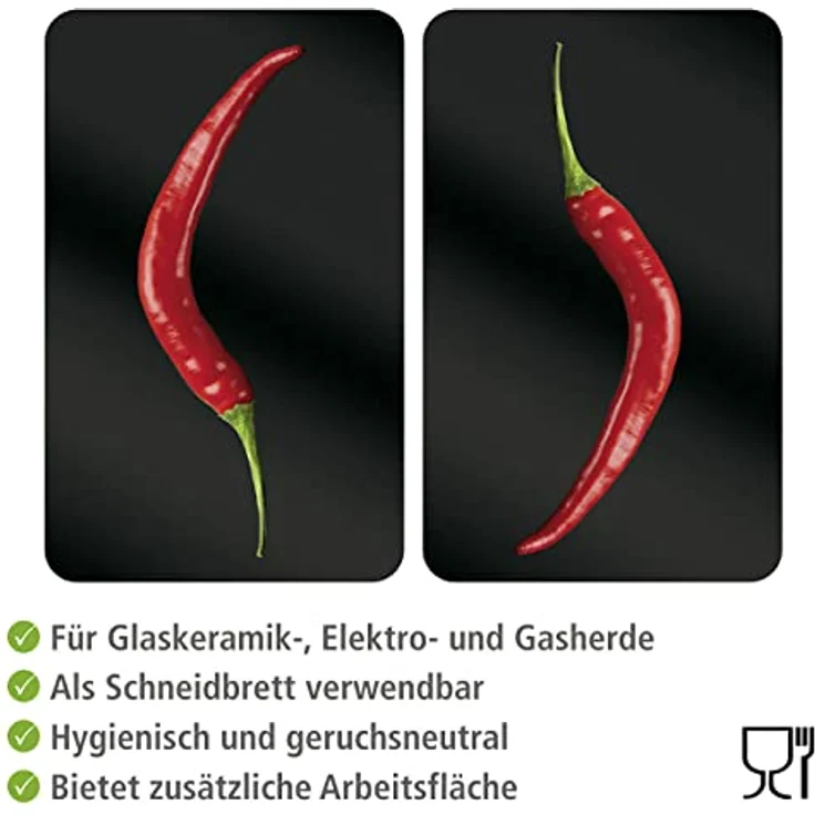 Wenko Herdabdeckplatte Universal Hot Peperoni, 2er Set Herdabdeckung für alle Herdarten, Gehärtetes Glas, 30 x 52 cm, mehrfarbig – Bild 4